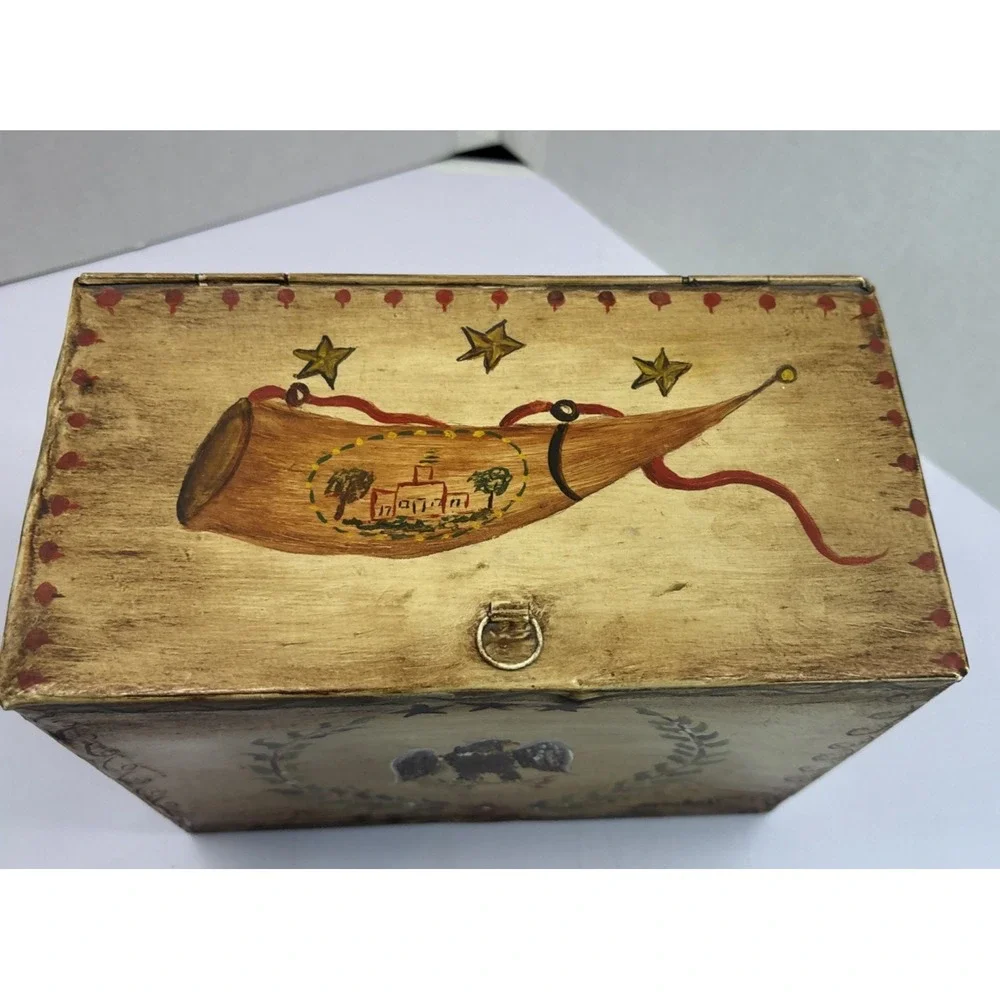 Vtg American Painted Tin‎ Toleware Hinged Box American Eagle Folk 7.25